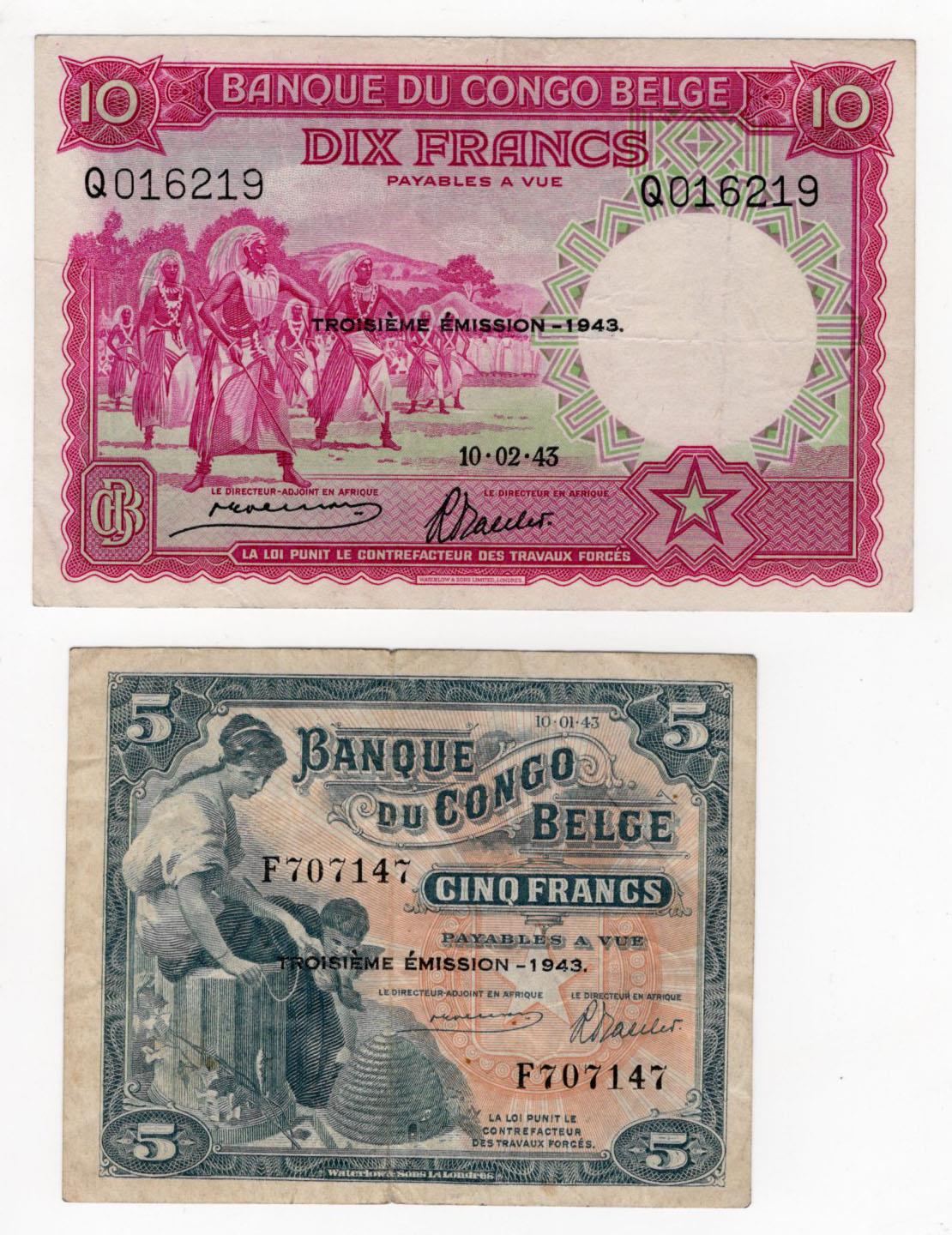 Belgian Congo 5 Francs and 10 Francs dated 1943 both with Troisieme Emission - 1943 overprint, Fine+