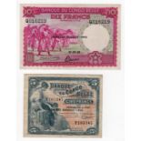 Belgian Congo 5 Francs and 10 Francs dated 1943 both with Troisieme Emission - 1943 overprint, Fine+