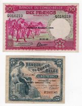 Belgian Congo 5 Francs and 10 Francs dated 1943 both with Troisieme Emission - 1943 overprint, Fine+