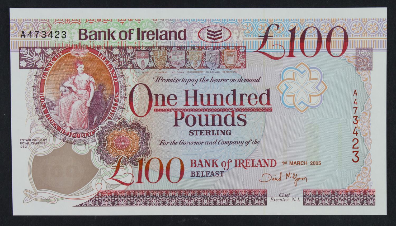 Northern Ireland, Bank of Ireland 100 Pounds dated 1st March 2005, signed David McGowan, serial