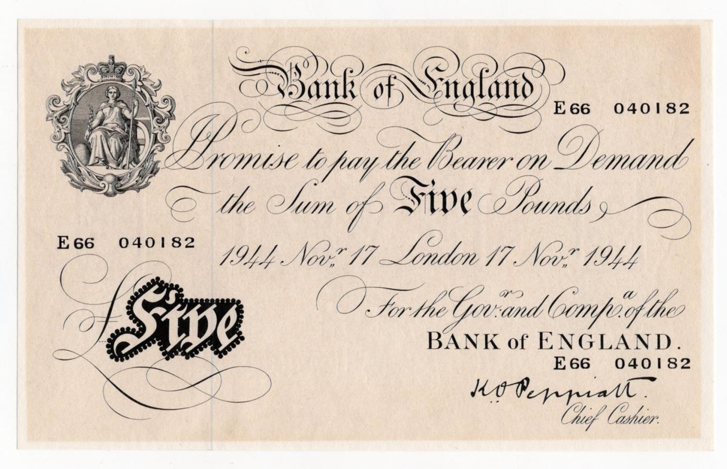 Peppiatt 5 Pounds dated 17th November 1944, serial E66 040182, London issue on thick paper (B255,