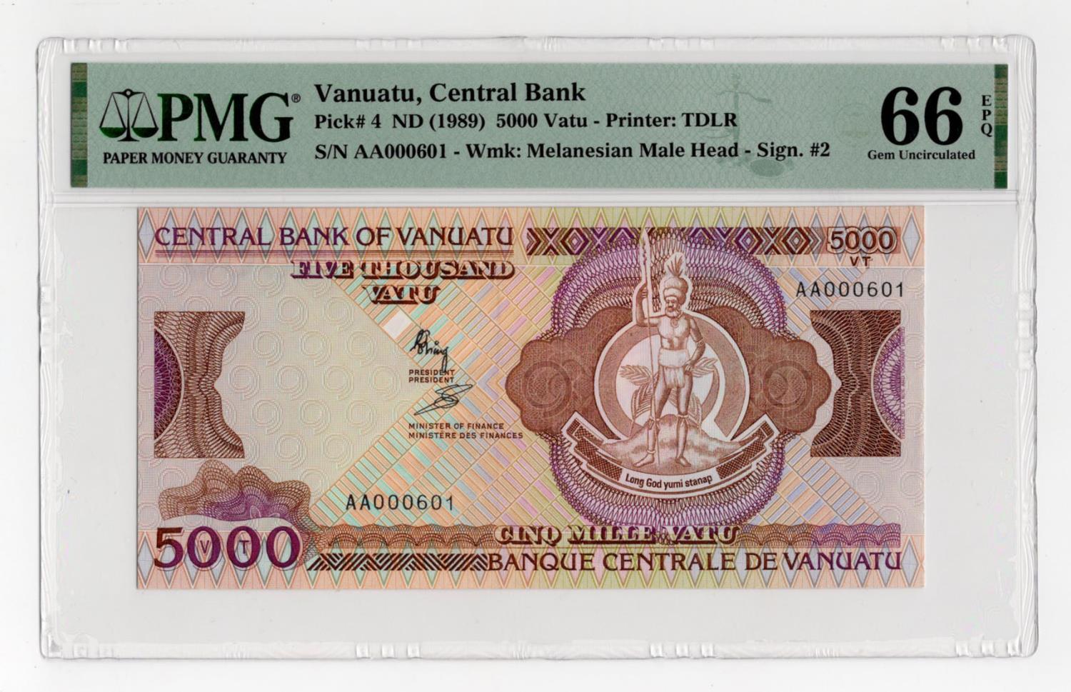 Vanuatu, Central Bank of Vanuatu 5000 Vatu issued 1989, LOW number, serial AA000601 (BNB B104,