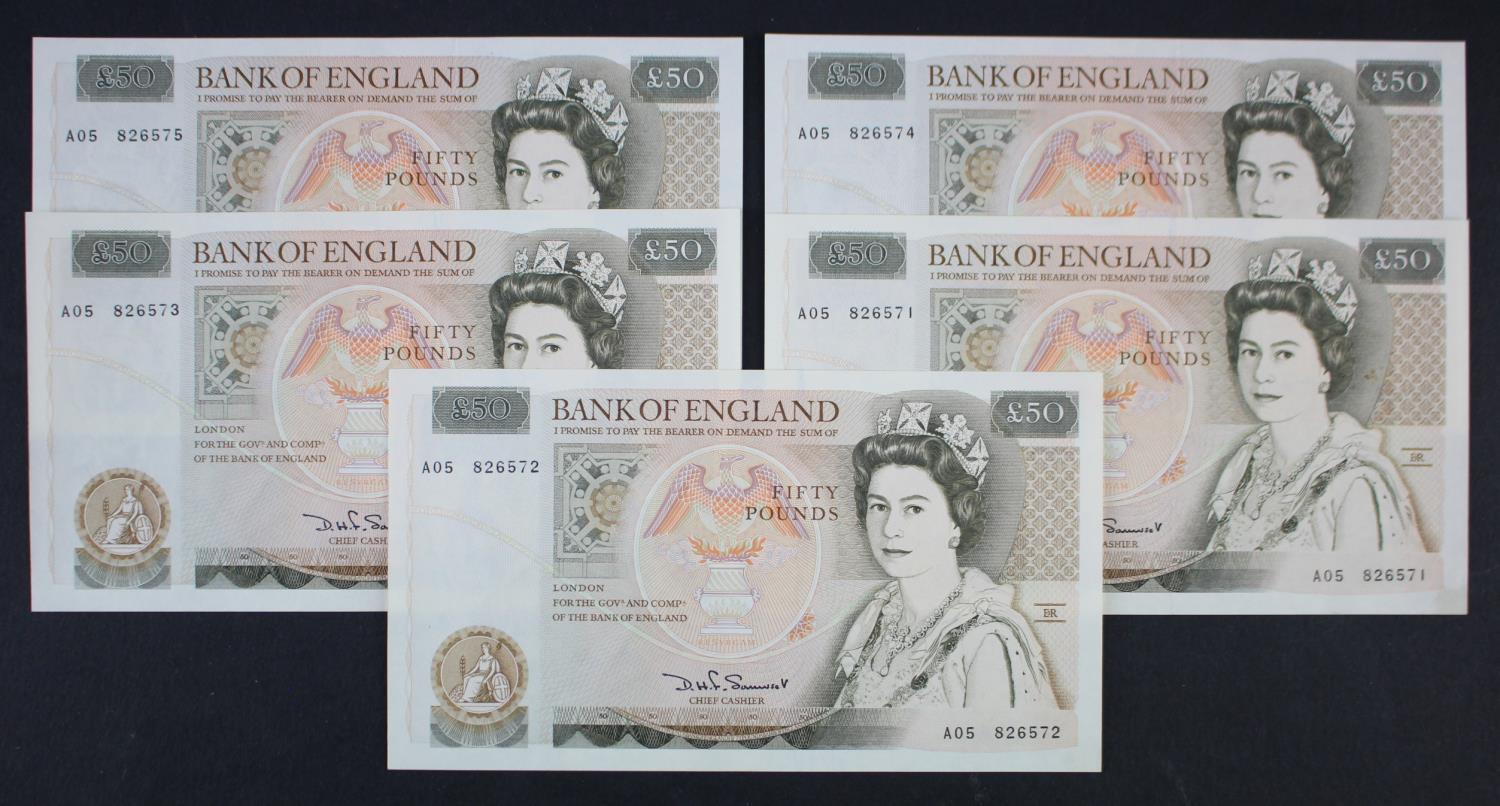 Somerset 50 Pounds (B352) issued 1981 (5), a consecutively numbered run of 'A' PREFIX notes,