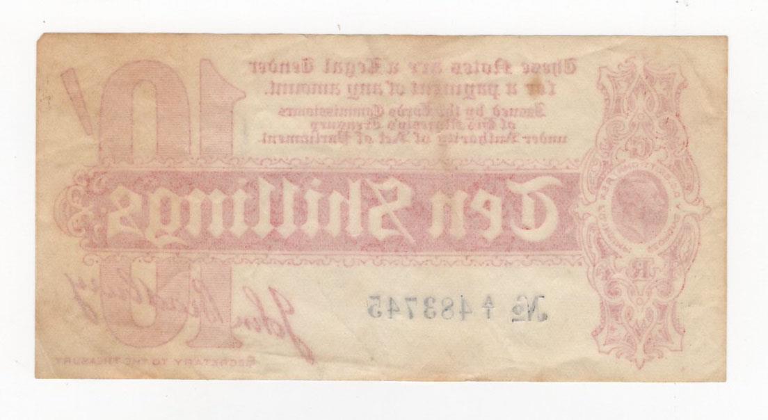 Bradbury 10 Shillings (T9) issued 1914, Royal Cypher watermark with 'AGE' also seen in watermark - Image 2 of 2