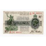 Bradbury 10 Shillings (T20) issued 1918, red serial B/63 960586, No. with dash (T20, Pick350b)