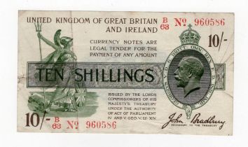 Bradbury 10 Shillings (T20) issued 1918, red serial B/63 960586, No. with dash (T20, Pick350b)