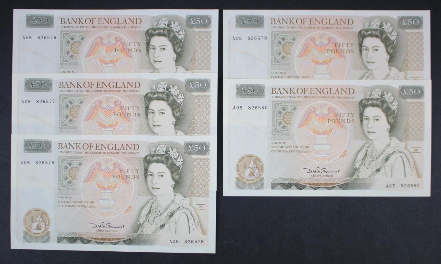 Somerset 50 Pounds (B352) issued 1981 (5), a consecutively numbered run of 'A' PREFIX notes,