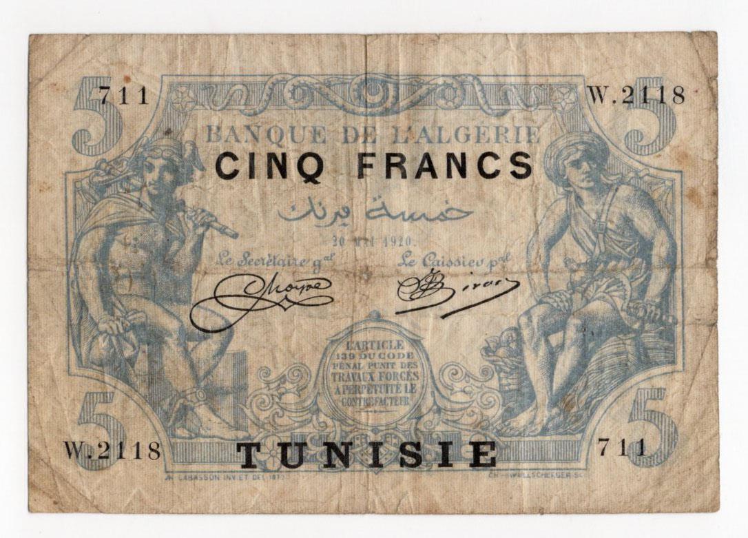 Tunisia 5 Francs dated 20th May 1920, serial W.2118 711 (BNB B201a, Pick1) pinholes and centre hole,