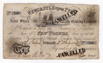 Newcastle upon Tyne Joint Stock Banking Company 10 Pounds dated 1836 serial No.158, "Cancelled"