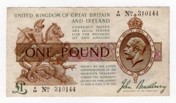 Bradbury 1 Pound (T16) issued 1917, FIRST SERIES serial A/54 310144 (T16, Pick351) rippled paper,