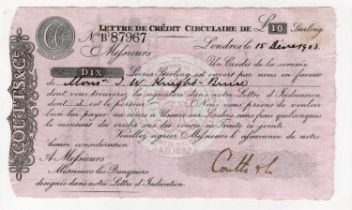 Coutts & Co., 10 Pounds Circular Letter of Credit dated 1903, a rare issued example, these usually