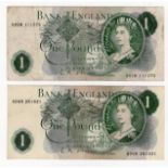 O'Brien 1 Pound (B283) issued 1960 (2), scarce EXPERIMENTAL notes with letter 'R' (research) on