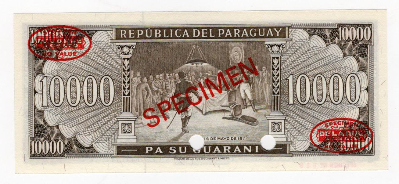 Paraguay 10000 Guaranies issued Law 1952, SPECIMEN note serial A0000000, red Thomas de la Rue - Image 2 of 2