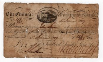 Workington Bank 1 Guinea dated 3rd June 1809, serial no. 199/223 for Wood, Smiths, Stein & Co. (