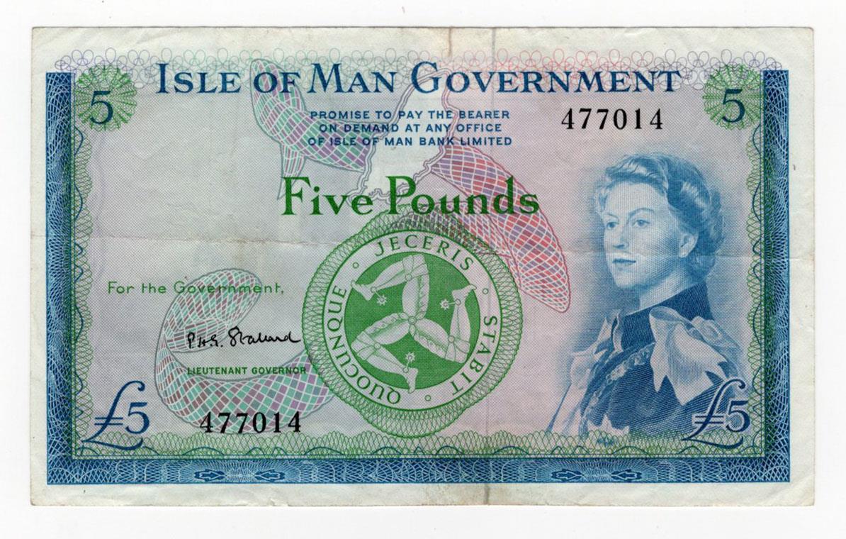 Isle of Man 5 Pounds issued 1961, signed P.H.G. Stallard, serial number 477014 (IMPM M506,