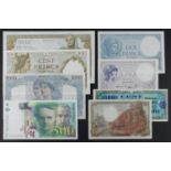 France (8), 1000 Francs 1943 EF+, 1000 Francs 1946 pressed VF, 500 Francs 1995 EF, 100 Francs 1940