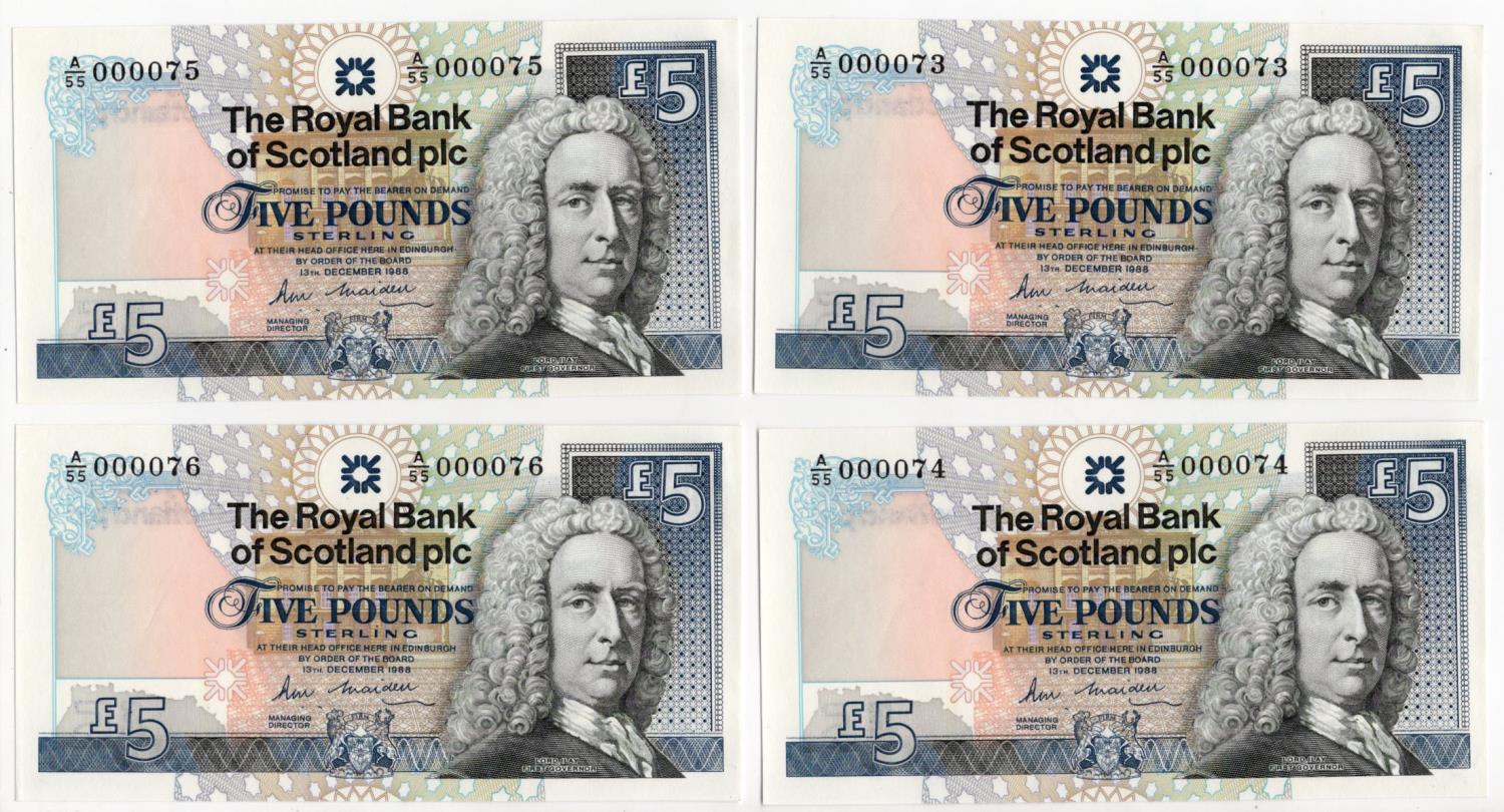 Scotland, Royal Bank of Scotland 5 Pounds (4) dated 13th December 1988, signed R.M. Maiden, a