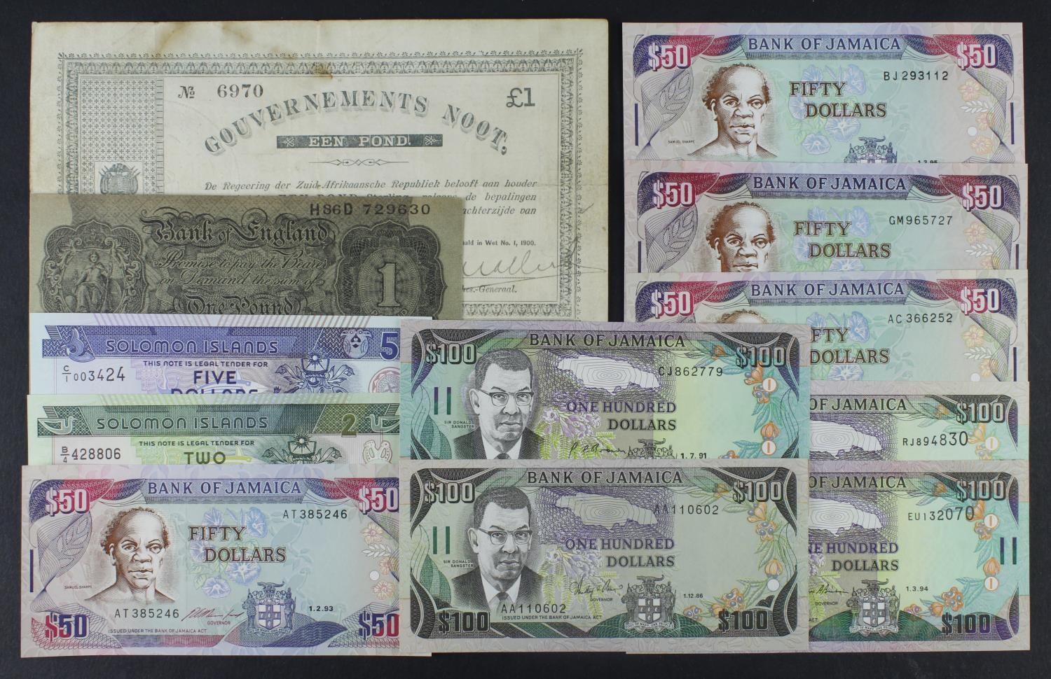 World (12), South Africa 1 Pound Gouvernment Noot dated 1900, Jamaica 100 Dollars (4) dated 1986,