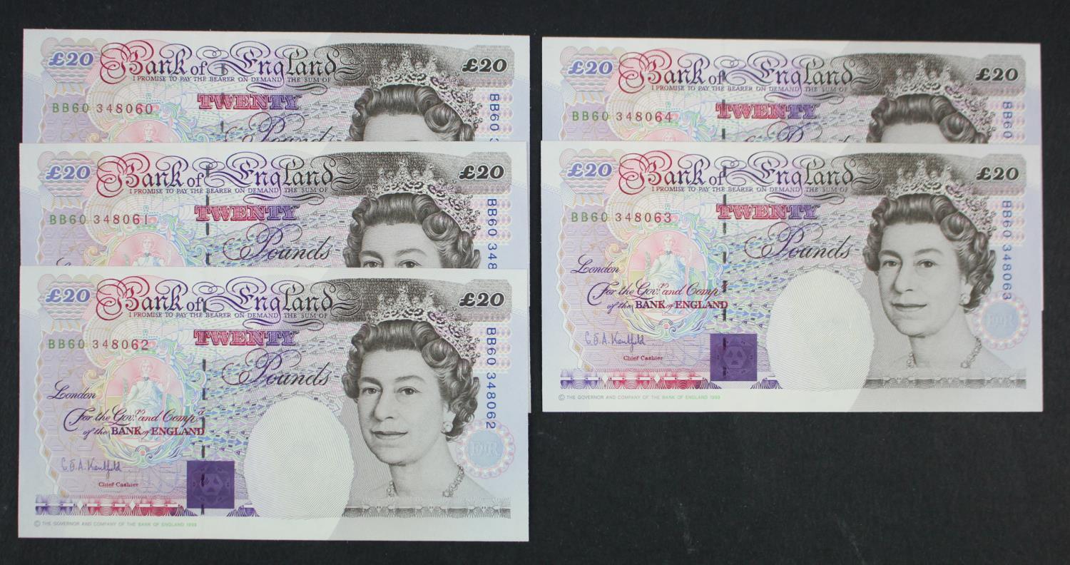 Kentfield 20 Pounds (B375) issued 1994 (5), a consecutively numbered run of 5 notes, serial BB (