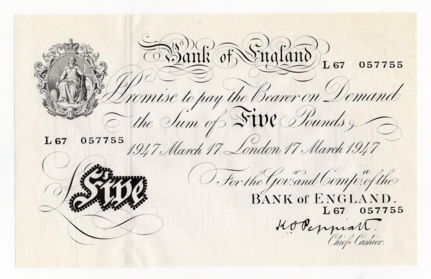 Peppiatt 5 Pounds (B264) dated 17th March 1947, serial L67 057755, London issue on thin paper, a