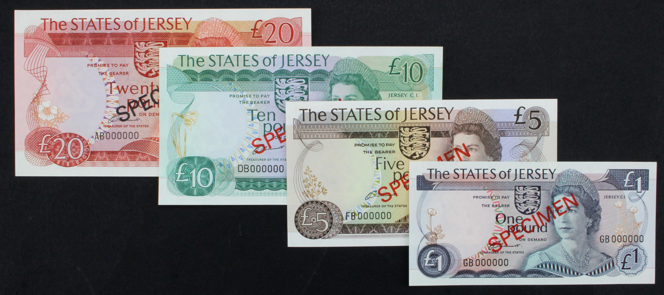Jersey (4), a set of SPECIMEN notes, 20 Pounds, 10 Pounds, 5 Pounds and 1 Pound issued 1976 signed - Image 2 of 2