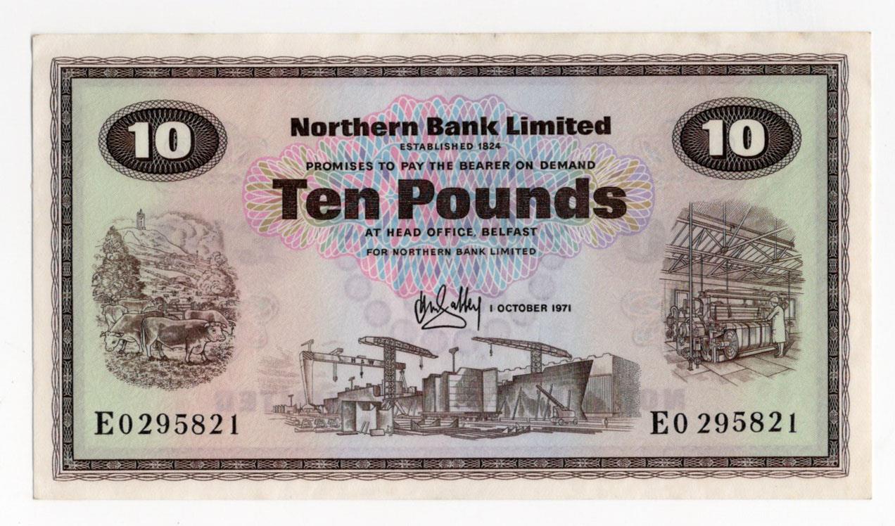 Northern Ireland, Northern Bank Limited 10 Pounds dated 1st October 1971, signed H.M. Gabbey, a