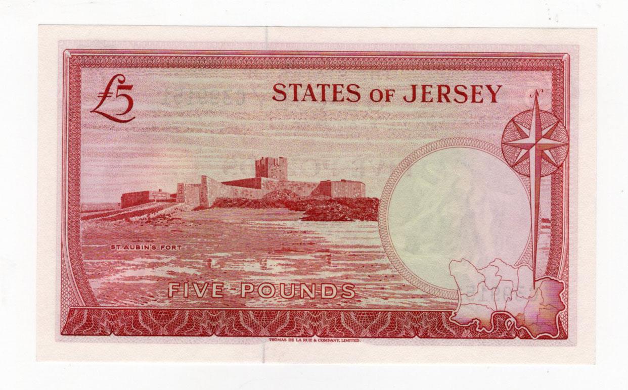 Jersey 5 Pounds issued 1963 signed J. Clennett, serial C399151 (TBB B109b, Pick9b) Uncirculated - Image 2 of 2