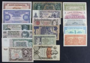 Austria (17), 1 Gulden 1858, 5 Shilling 1945, 10 Shilling (3) 1945, 1946, 1950, 20 Shilling (2)