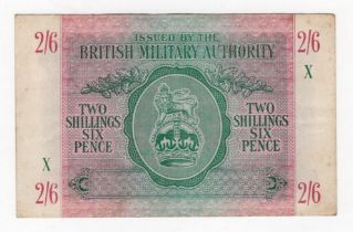 British Military Authority 2 Shillings and 6 Pence issued 1943, scarce note with letter 'X' code