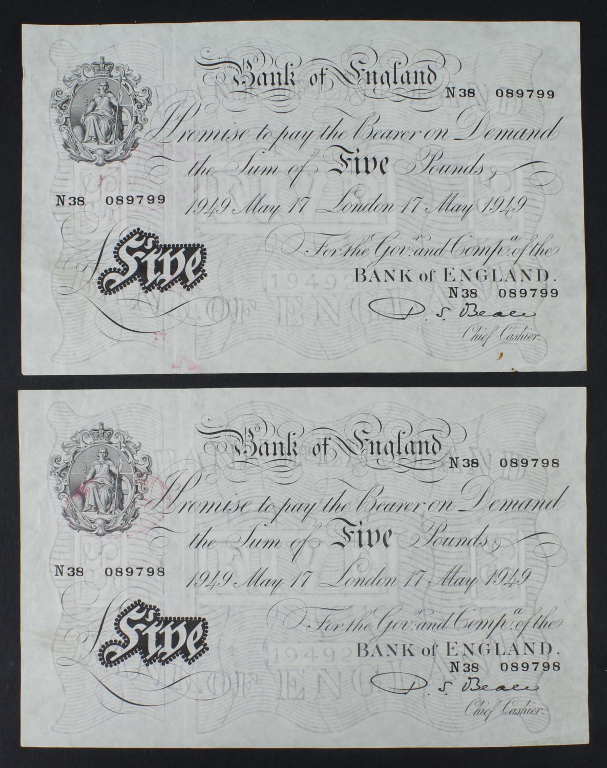 Beale 5 Pounds (B270) dated 17th May 1949 (2), a consecutively numbered pair from a group of 8