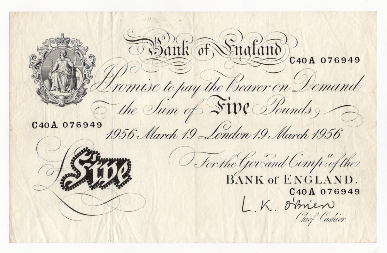O'Brien 5 Pounds (B276) dated 19th March 1956, final year of issue of white notes, serial C40A