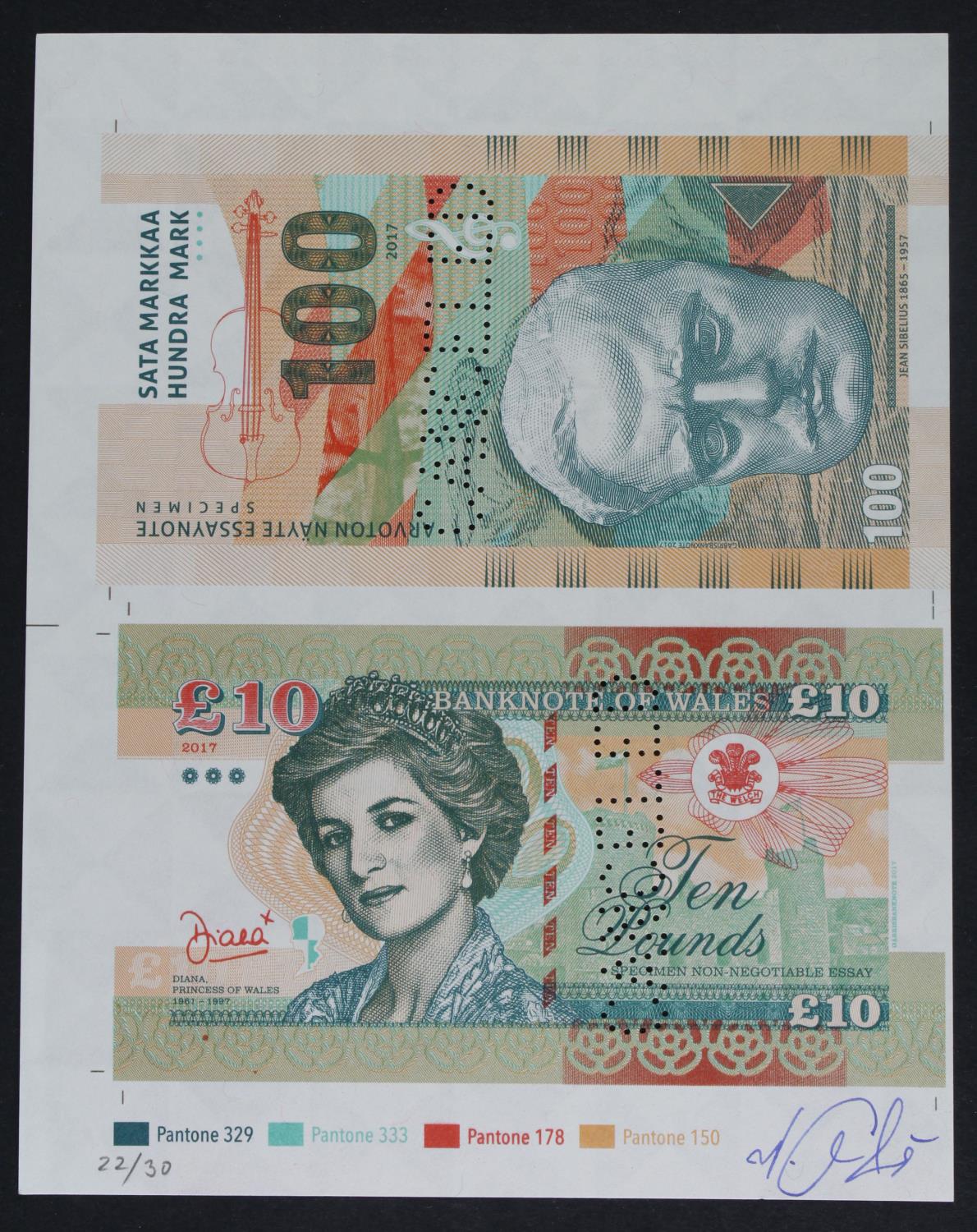 Test Note, an uncut sheet of 2 notes comprising 20 Pounds Banknote of Wales (not legal tender),