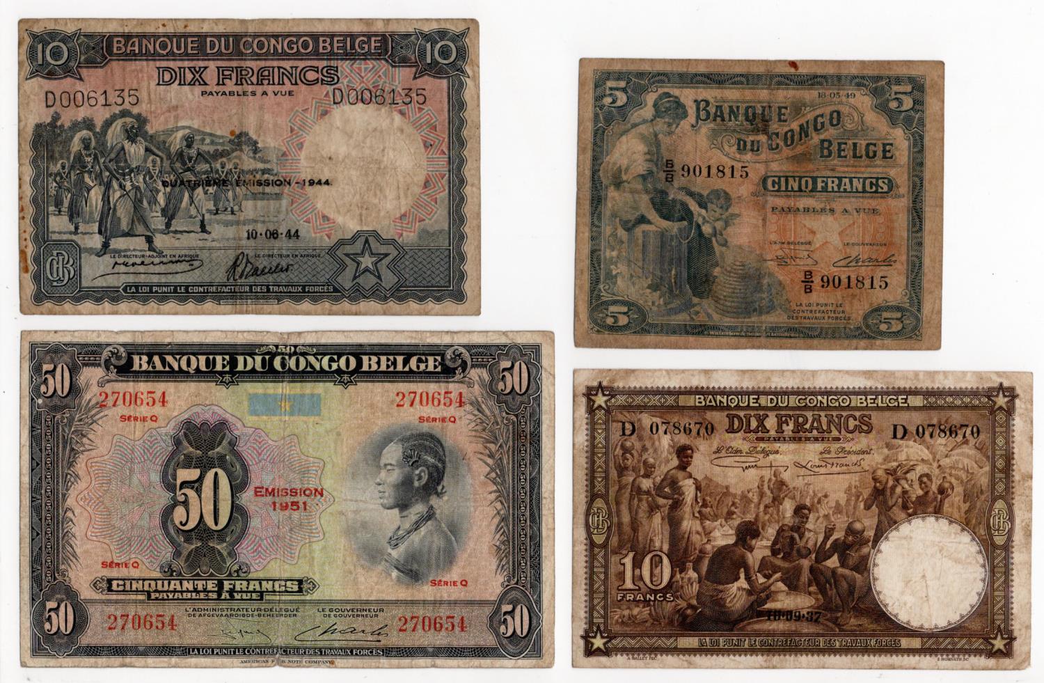 Belgian Congo (4), 50 Francs dated 1951, series Q no. 270654 (BNB B218i, Pick16i), 10 Francs dated