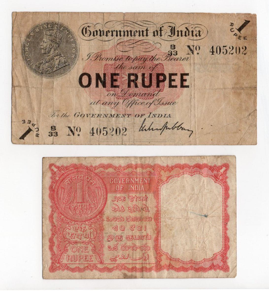 India (2), 1 Rupee dated 1917, portrait King George V at top left, signed Gubbay, prefix B for