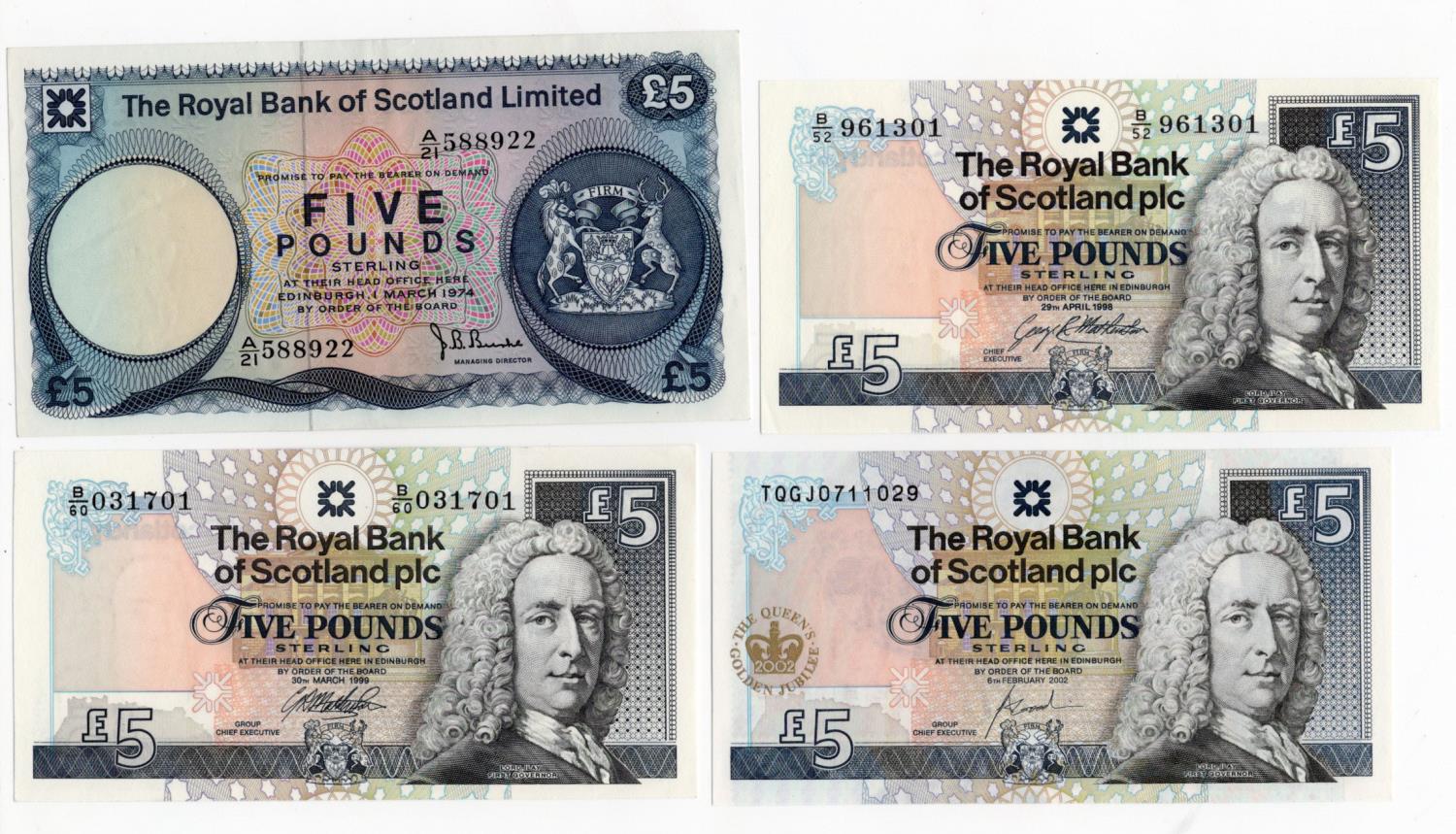 Scotland, Royal Bank of Scotland Limited (4), 5 Pounds dated 1st March 1974 serial A/21 588922 (