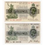 Bradbury and Warren Fisher (2), Bradbury 10 Shillings (T18) issued 1918, serial A/11 021785, No.