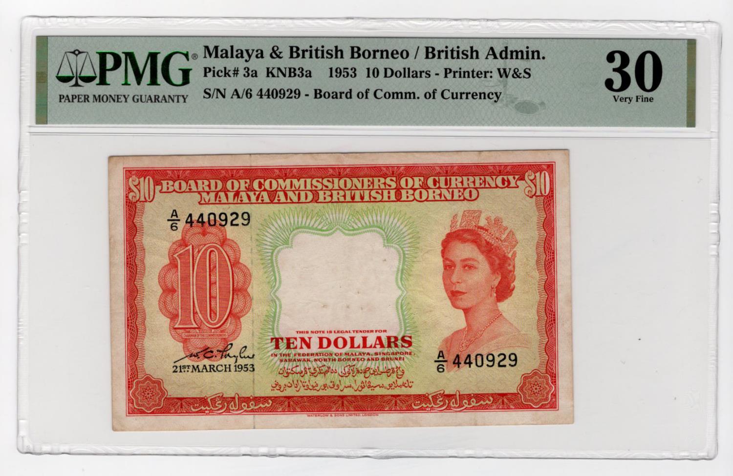 Malaya & British Borneo 10 Dollars dated 21st March 1953, serial A/6 440929 (BNB B103a, Pick3a) in