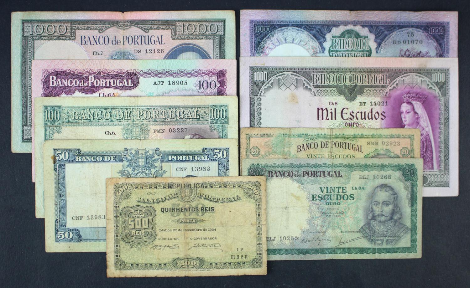 Portugal (9), 1000 Escudos (3) dated 1942, 1956 and 1961, 100 Escudos (2) dated 1957 and 1961, 50