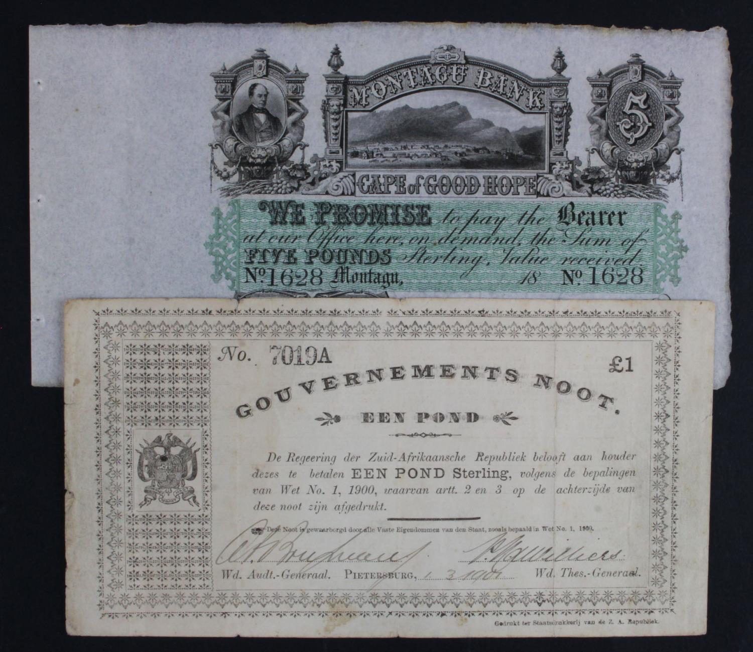 South Africa (2) 5 Pounds Montagu Bank, Cape of Good Hope dated 18xx, unsigned remainder no. 1628 (