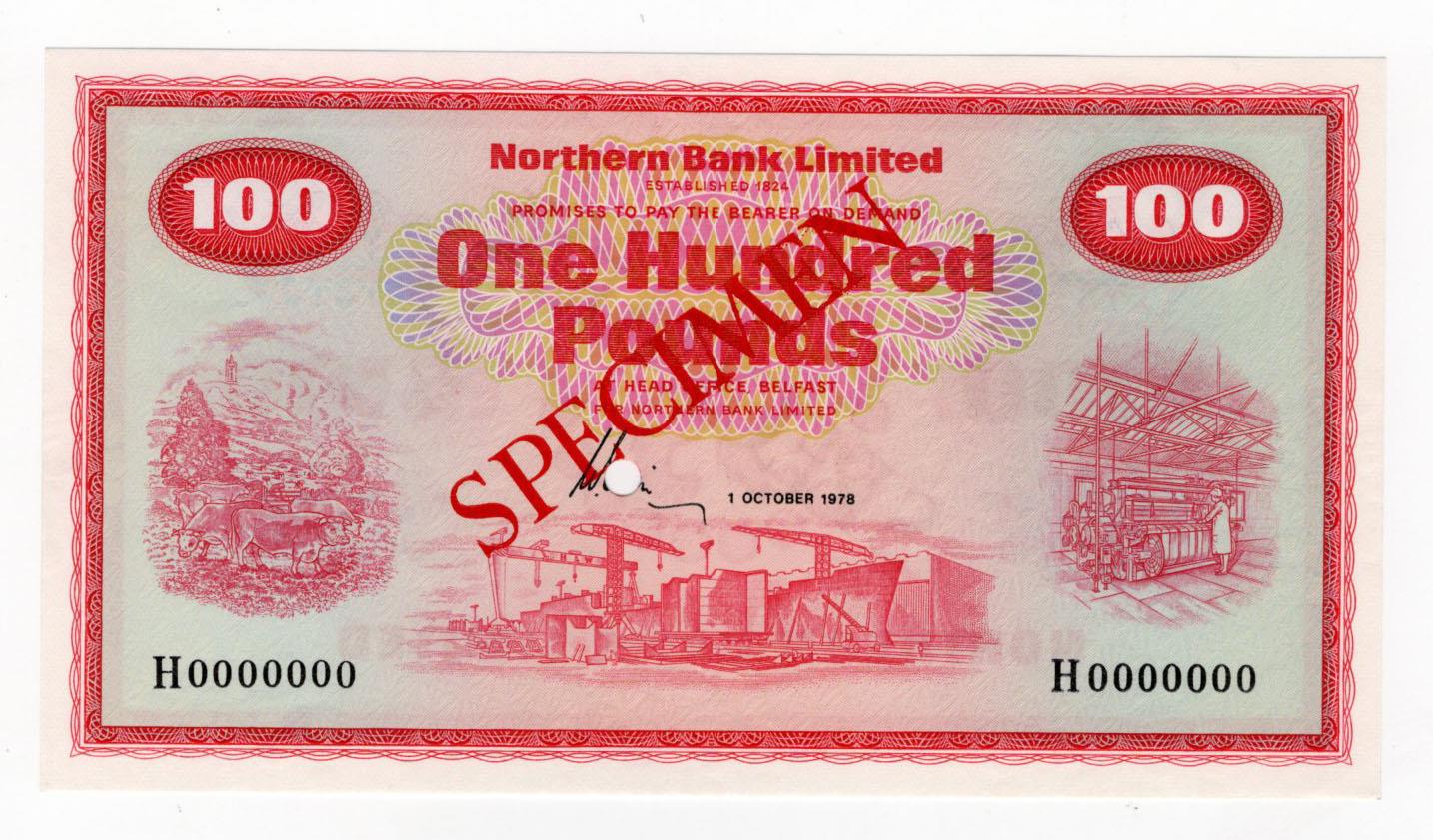 Northern Ireland, Northern Bank Limited 100 Pounds dated 1st October 1978, SPECIMEN note signed