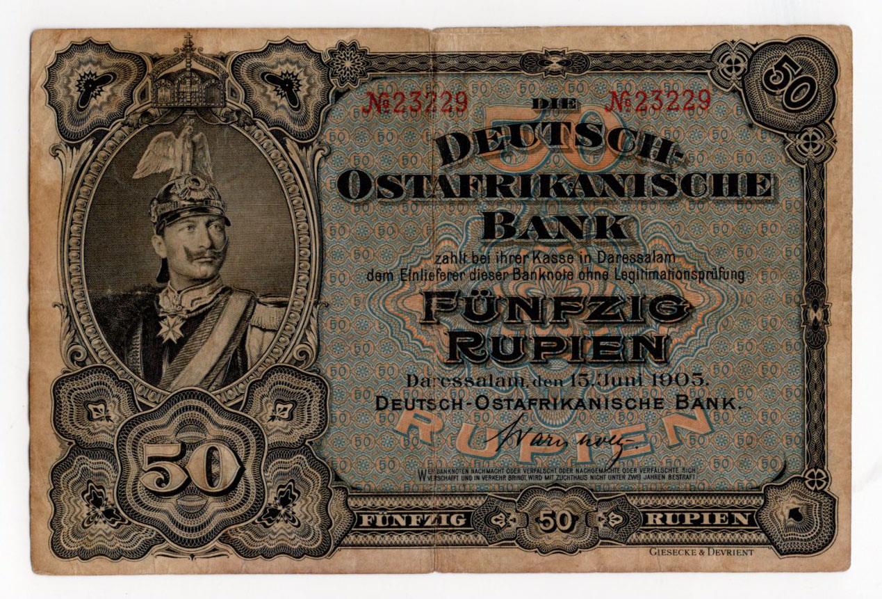 German East Africa 50 Rupien dated 15th June 1905, Kaiser Wilhelm II at left, serial no. 23229 (