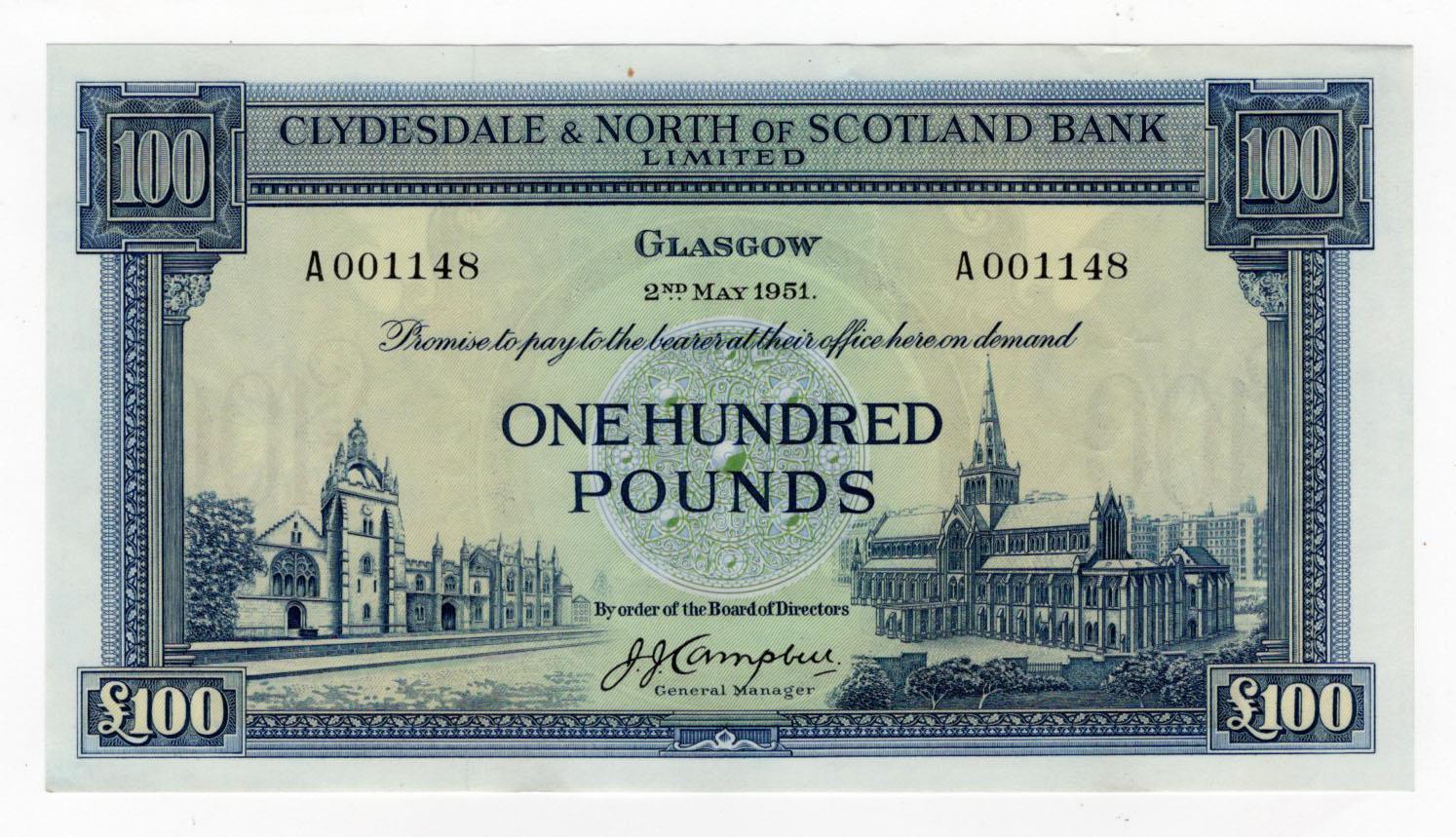 Scotland, Clydesdale & North of Scotland Bank 100 Pounds dated 2nd May 1951, serial A001148 (PMS