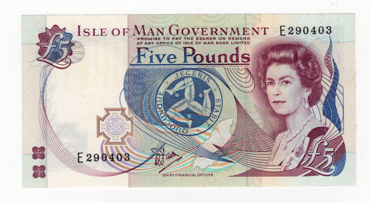 Isle of Man 5 Pounds not dated issued 1990, signed W. Dawson, serial E290403 (IMPM M532, Pick41a)