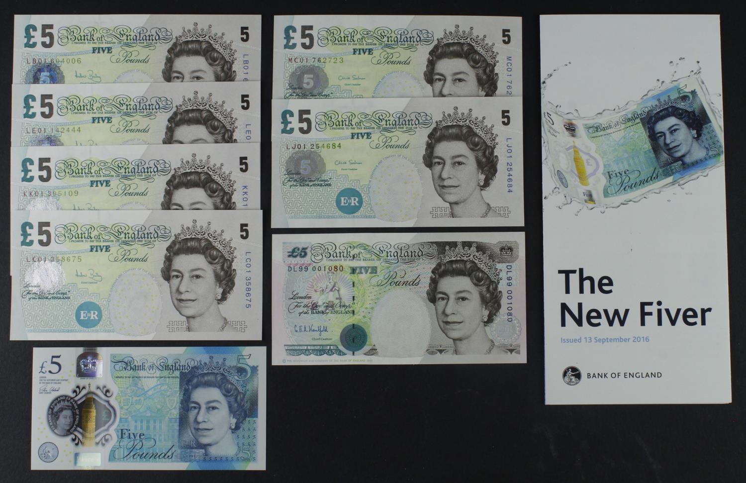 Bank of England 5 Pounds (8), a good collection of '01' and '99' FIRST and LAST prefixes,