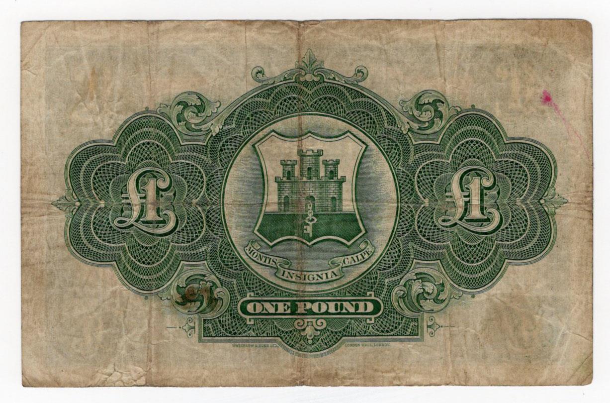 Gibraltar 1 Pound dated 1st October 1927, very rare first date of issue, signed W.A. Bowring, serial - Image 2 of 2