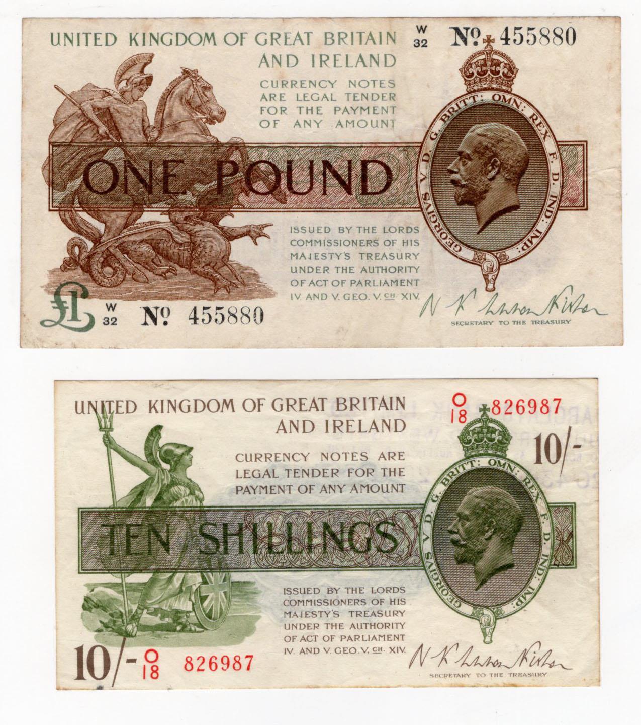 Warren Fisher (2), 10 Shillings (T30) issued 1922, serial O/18 826987 (T30, Pick358) bank stamp on