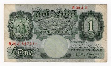 ERROR O'Brien 1 Pound issued 1955, missing 5 digits from serial number at top right, serial R39J