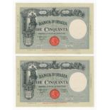 Italy 50 Lire (2) dated 11th August 1943, a consecutively numbered pair, serial Y24 000938 & Y24