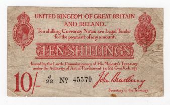 Bradbury 10 Shillings (T12.1) issued 1915, 5 digit serial number J/22 45570 (T12.1, Pick348a)