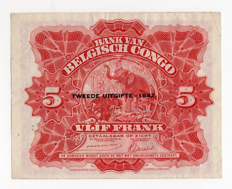 Belgian Congo 5 Francs dated 10th June 1942 with Deuxieme Emission - 1942 overprint, serial - Image 2 of 2